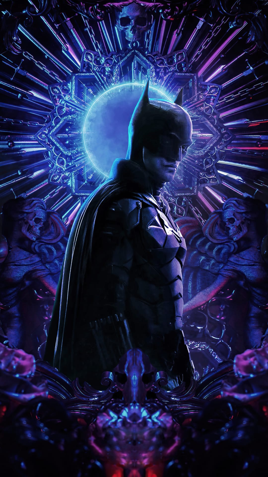 Batman in profile against a glowing blue and purple neon mandala featuring skulls, chains, and complex patterns.