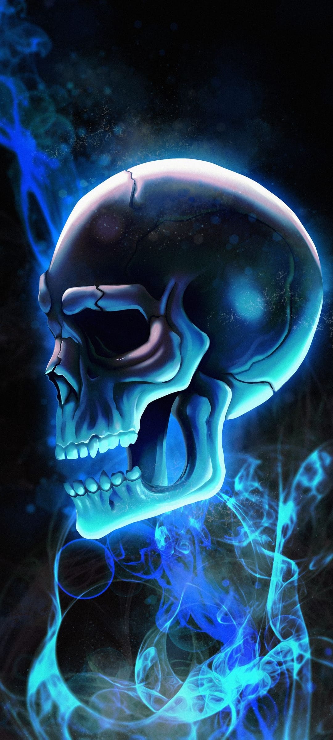 Cracked human skull glowing with neon blue light as ethereal smoke and flames swirl against a black background.
