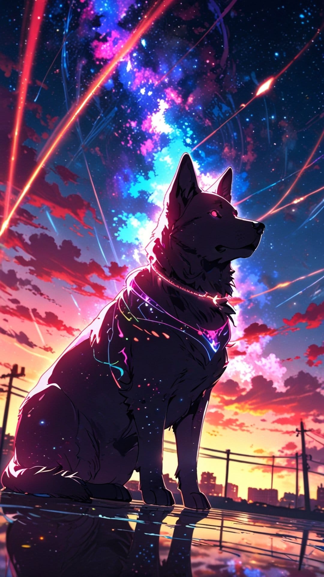 Dog in silhouette with a glowing collar sits on wet city streets beneath a vibrant purple and blue cosmic sky.