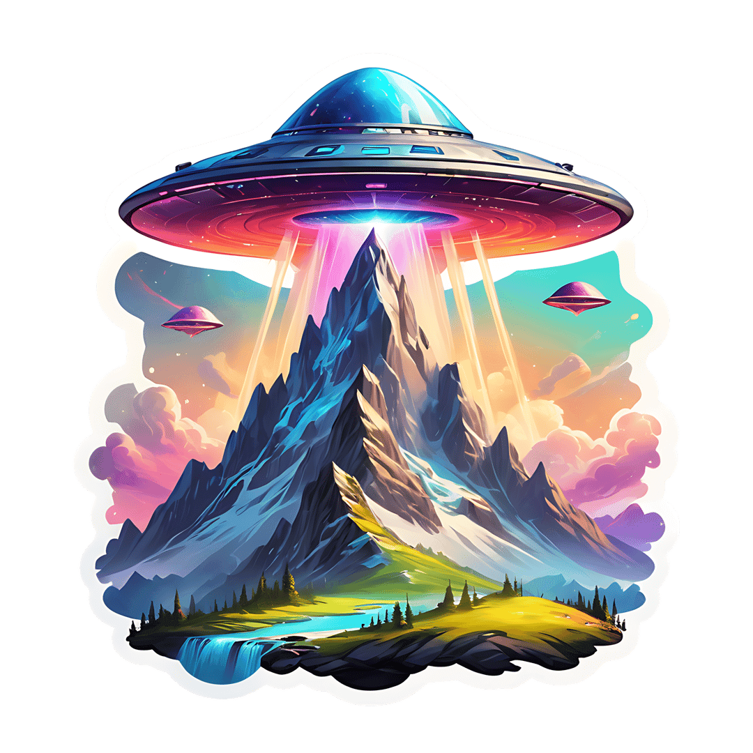UFO spaceship hovers over snowy mountains casting a bright blue light beam onto a green valley, river, and trees.