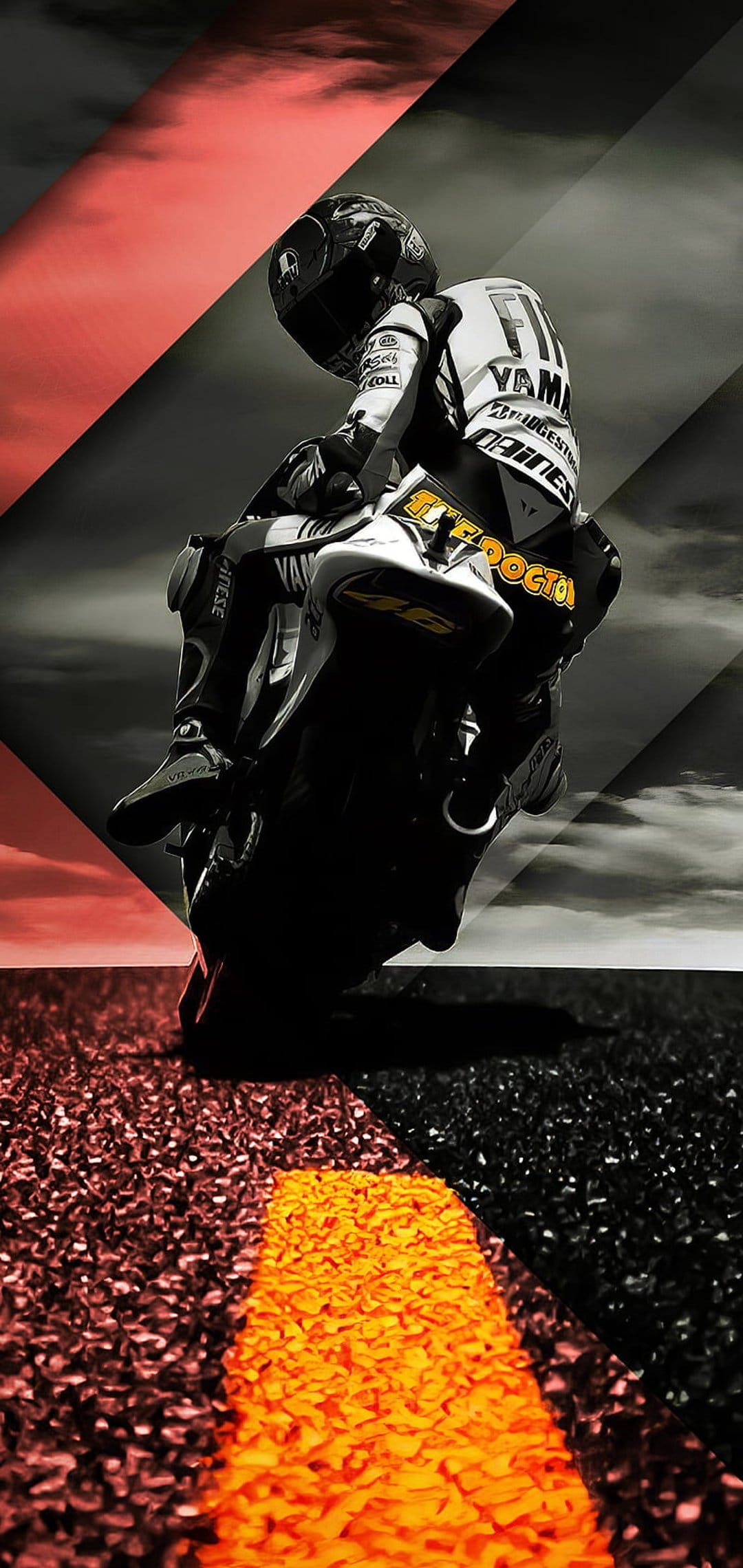 Professional motorcycle racer in white leathers leans into a track corner under a dark red sky with geometric lines.