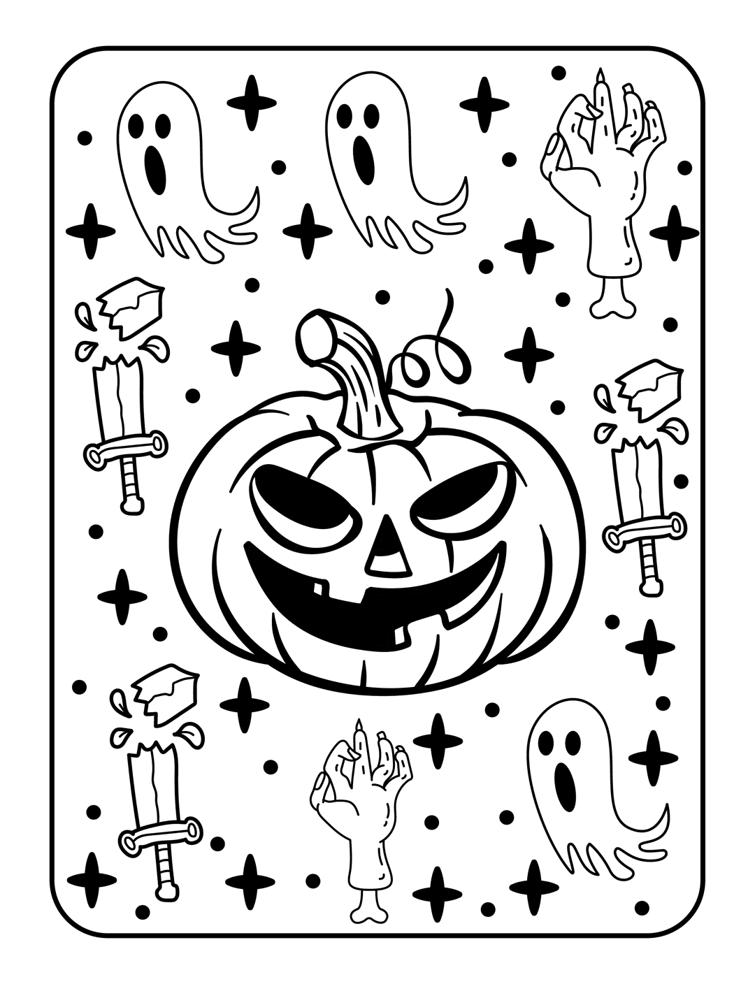 Halloween coloring page showing a carved pumpkin, ghosts, a zombie hand, and a broken sword in black line art.