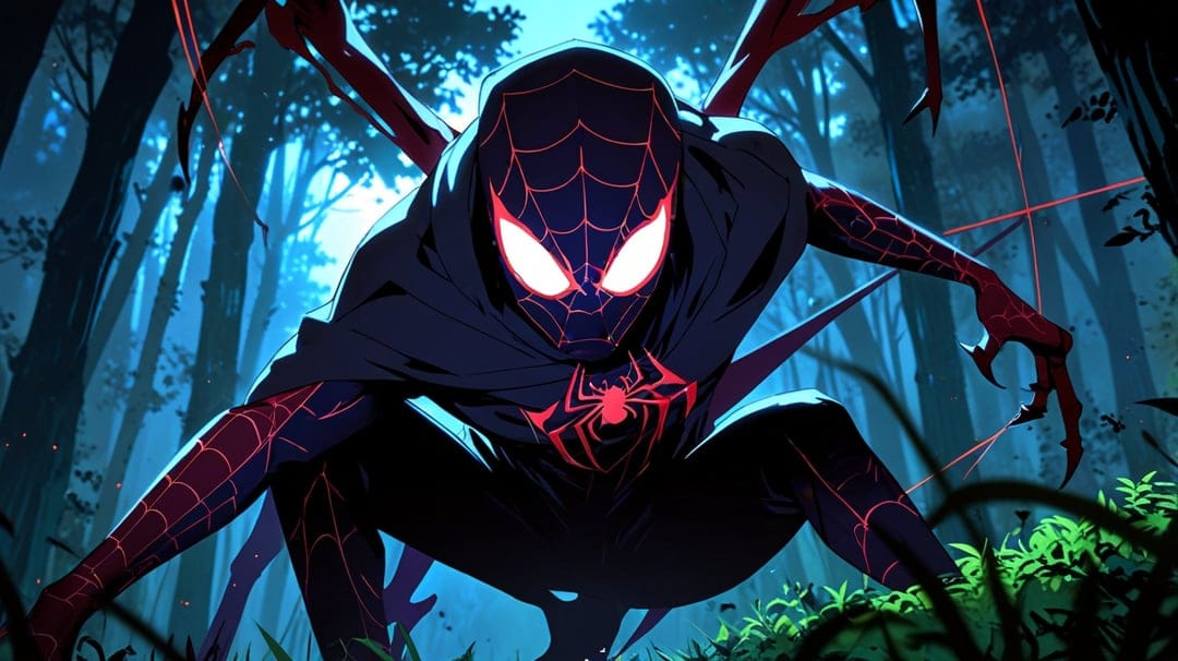 Miles Morales Spider-Man with glowing eyes and red mechanical legs crouches in a dark blue moonlit forest.