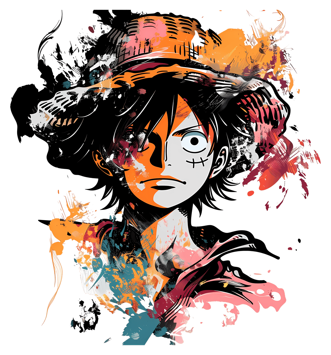 Luffy anime character illustration wearing a straw hat and red vest against a transparent background.