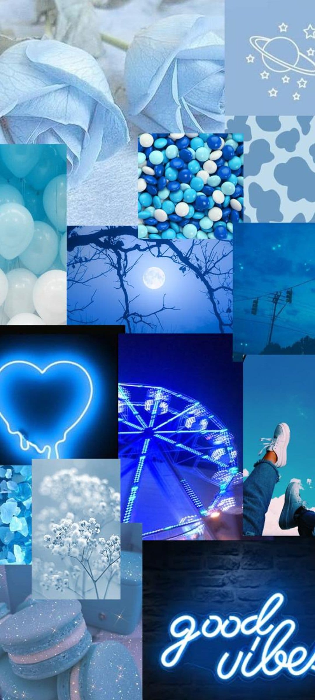 Blue roses, a glowing heart neon sign, and a full moon arranged in a dreamy nocturnal aesthetic collage layout.