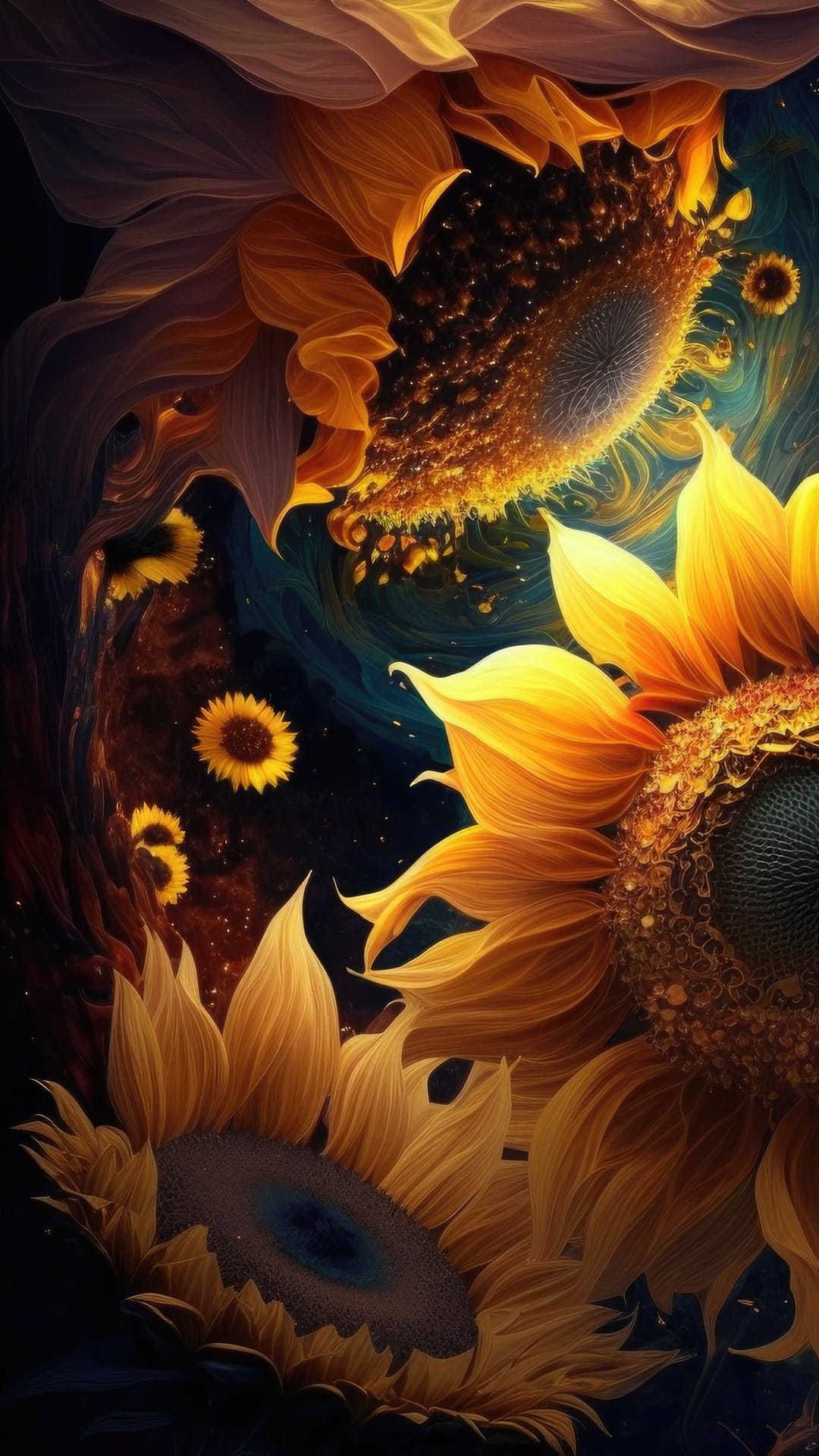 Sunflowers with radiant golden petals spiral into a dark celestial void filled with glowing amber star dust.