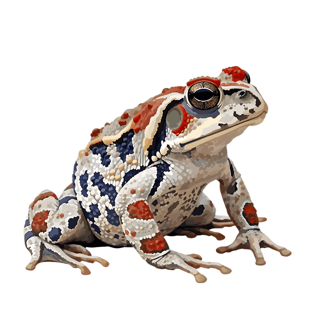 Harlequin toad showing red and blue skin patterns against a black background with detailed golden eyes.