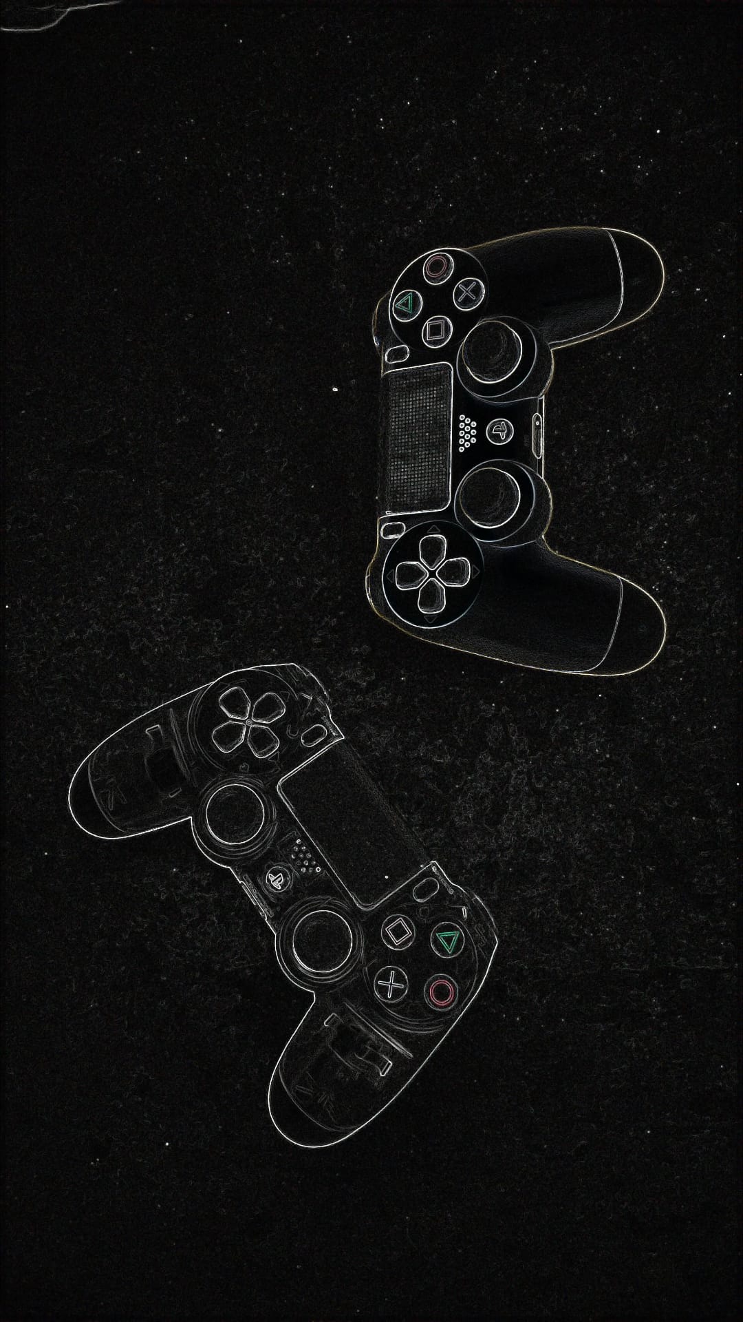 Two game controllers with glowing cyan and white outlines resting on a dark, gritty textured surface.