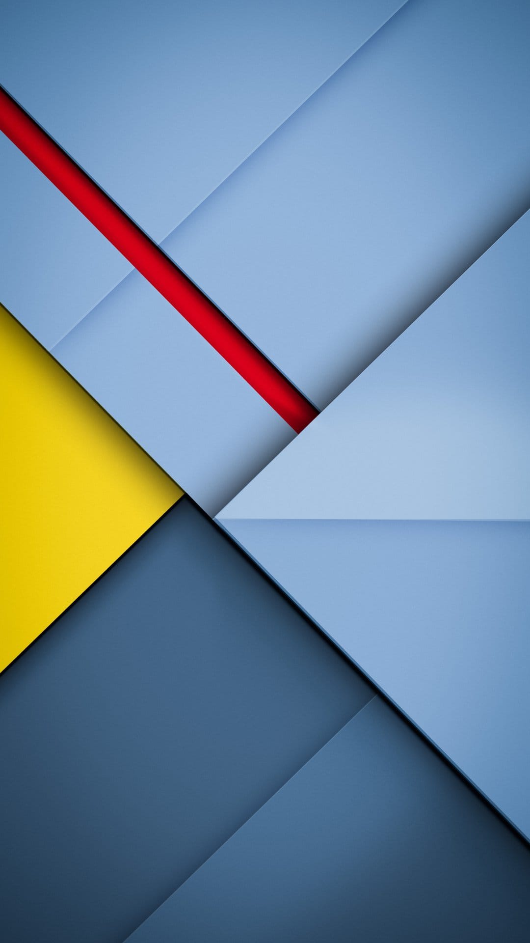 Yellow triangle and red diagonal stripe overlap blue geometric planes with subtle drop shadows for depth.