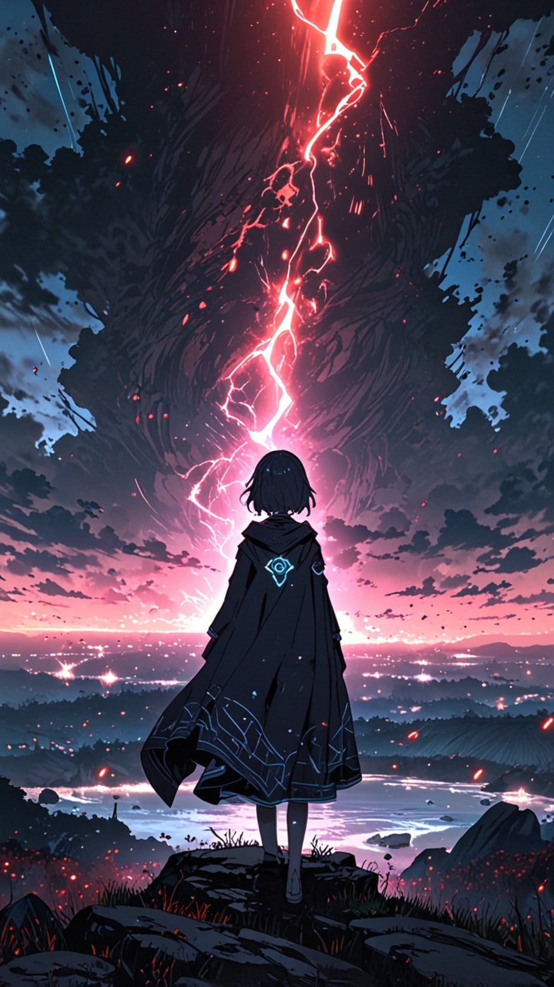 Cloaked girl stands on a cliff edge watching pink lightning strikes over a glowing city in a vertical night sky.