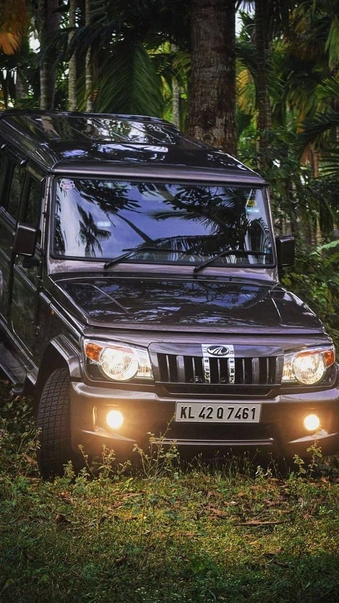 Dark Mahindra Bolero SUV with glowing headlights parked on a wet grassy trail surrounded by thick jungle foliage.