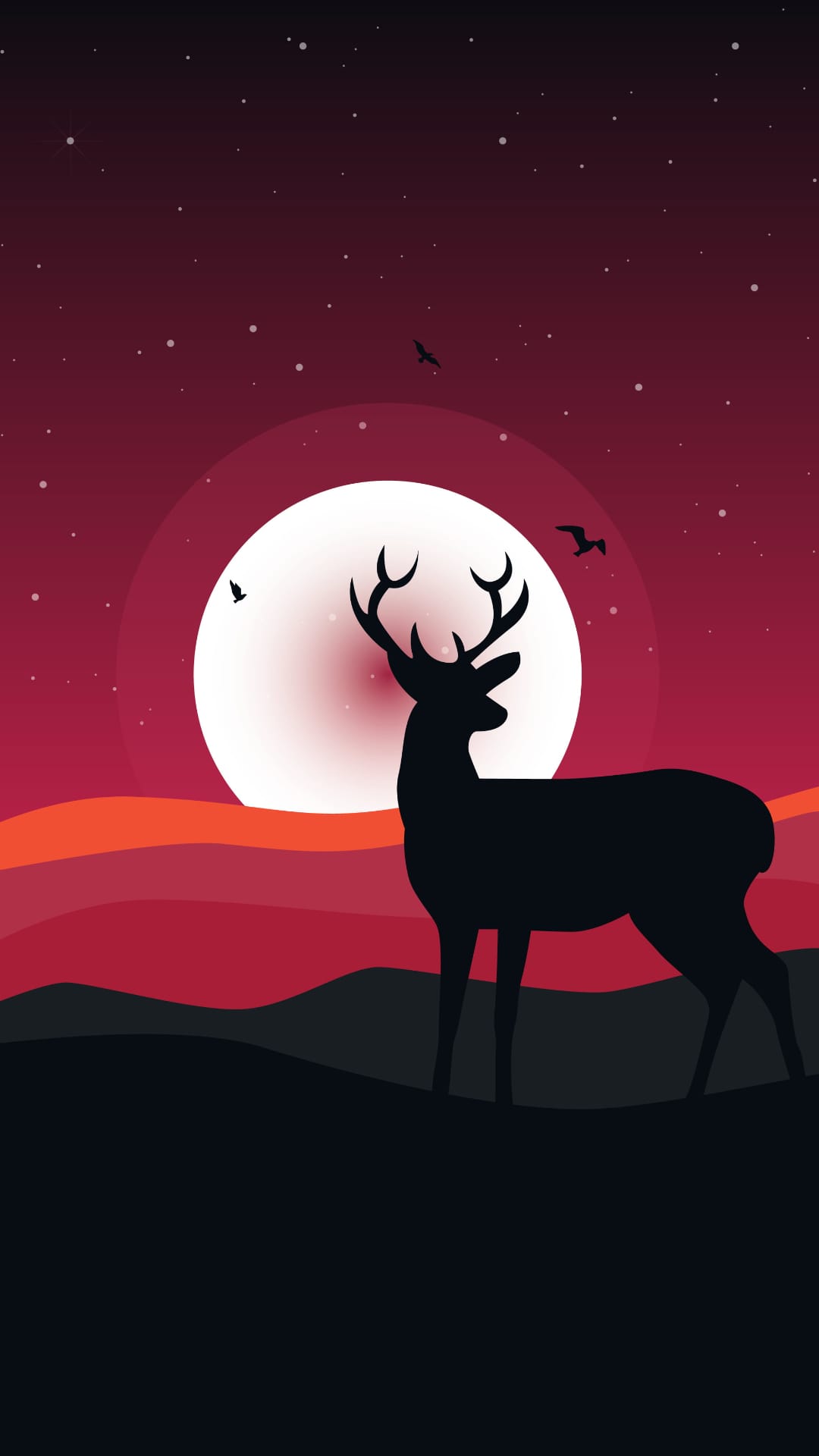 Deer silhouette stands on a hill before a massive glowing full moon and a vibrant red sunset sky with stars.