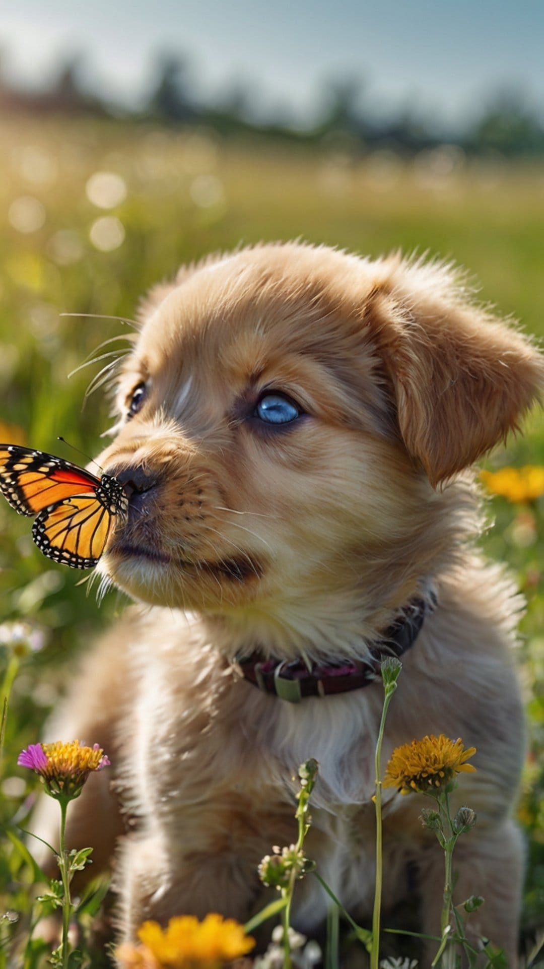 Light-brown puppy with blue eyes looks at a monarch butterfly on its nose in a sunlit wildflower meadow.