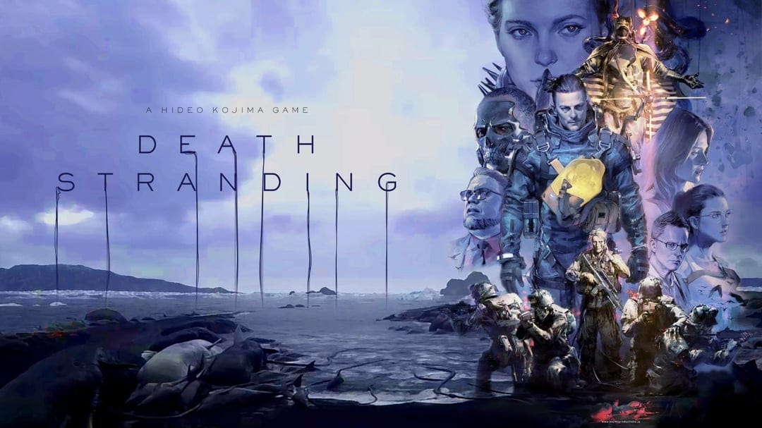 Cinematic collage of Death Stranding characters over a misty beach with stranded whales and dark ocean waves.