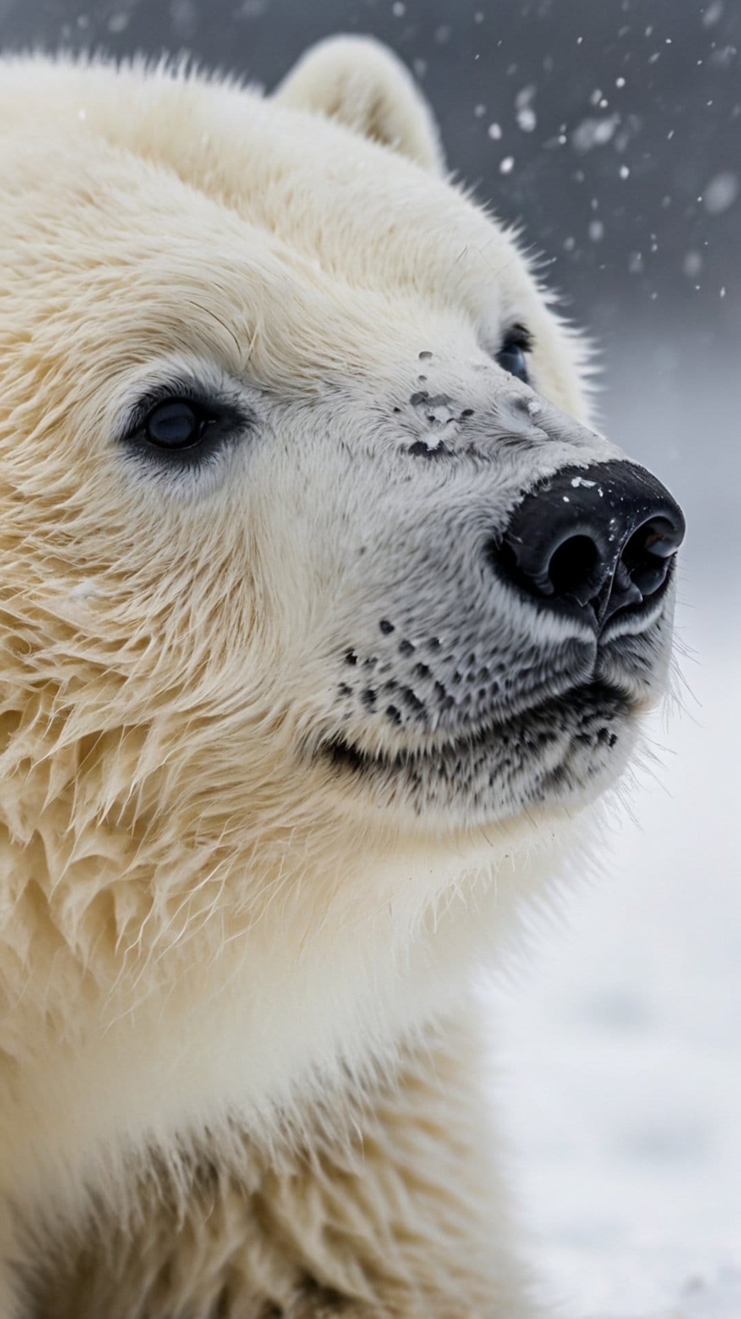 Polar bear face with detailed white fur and dark eyes amidst falling snowflakes in a winter Arctic landscape.