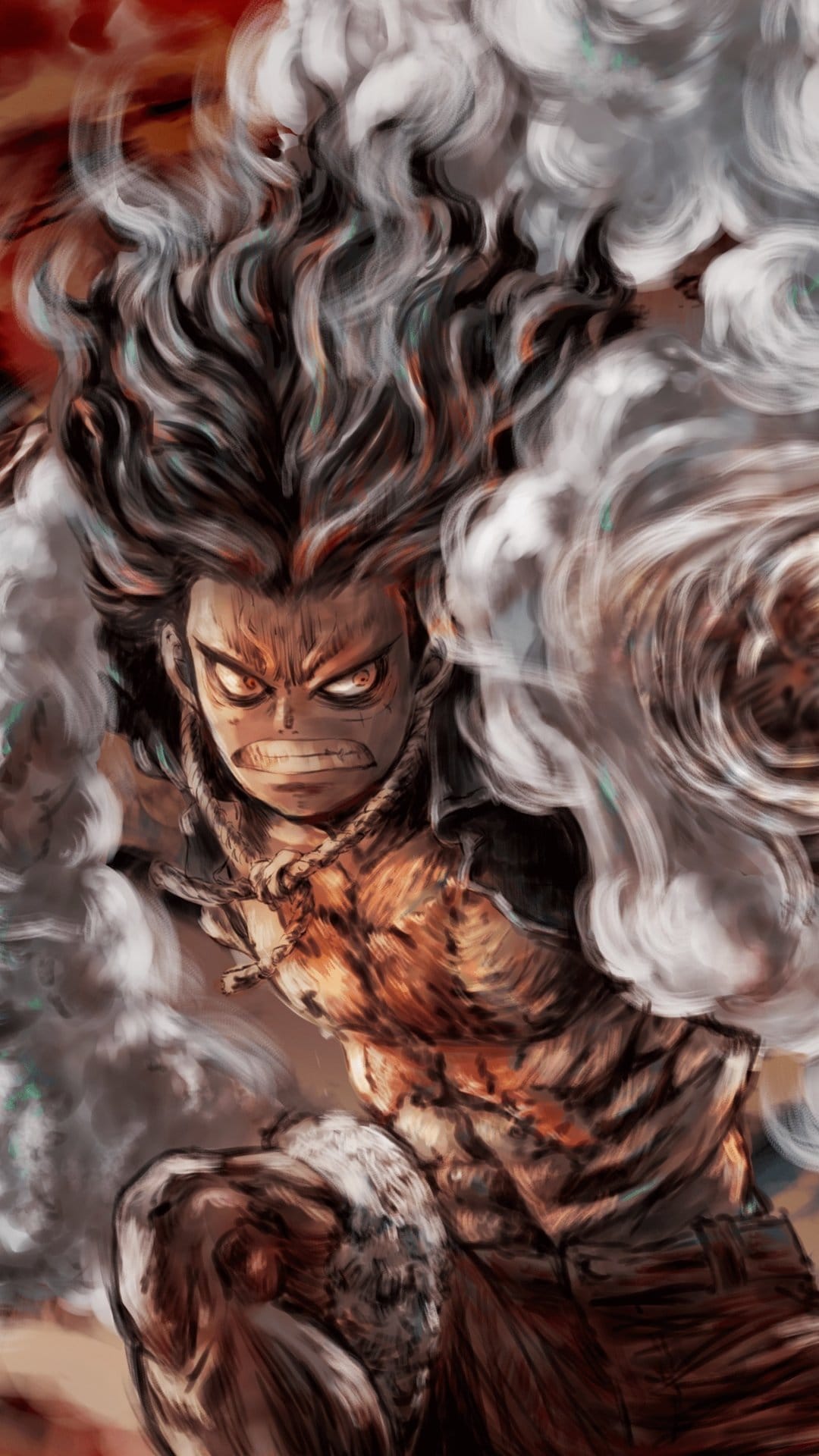 Monkey D. Luffy in Snakeman form with spiky black hair and focused eyes surrounded by white steam and red embers.
