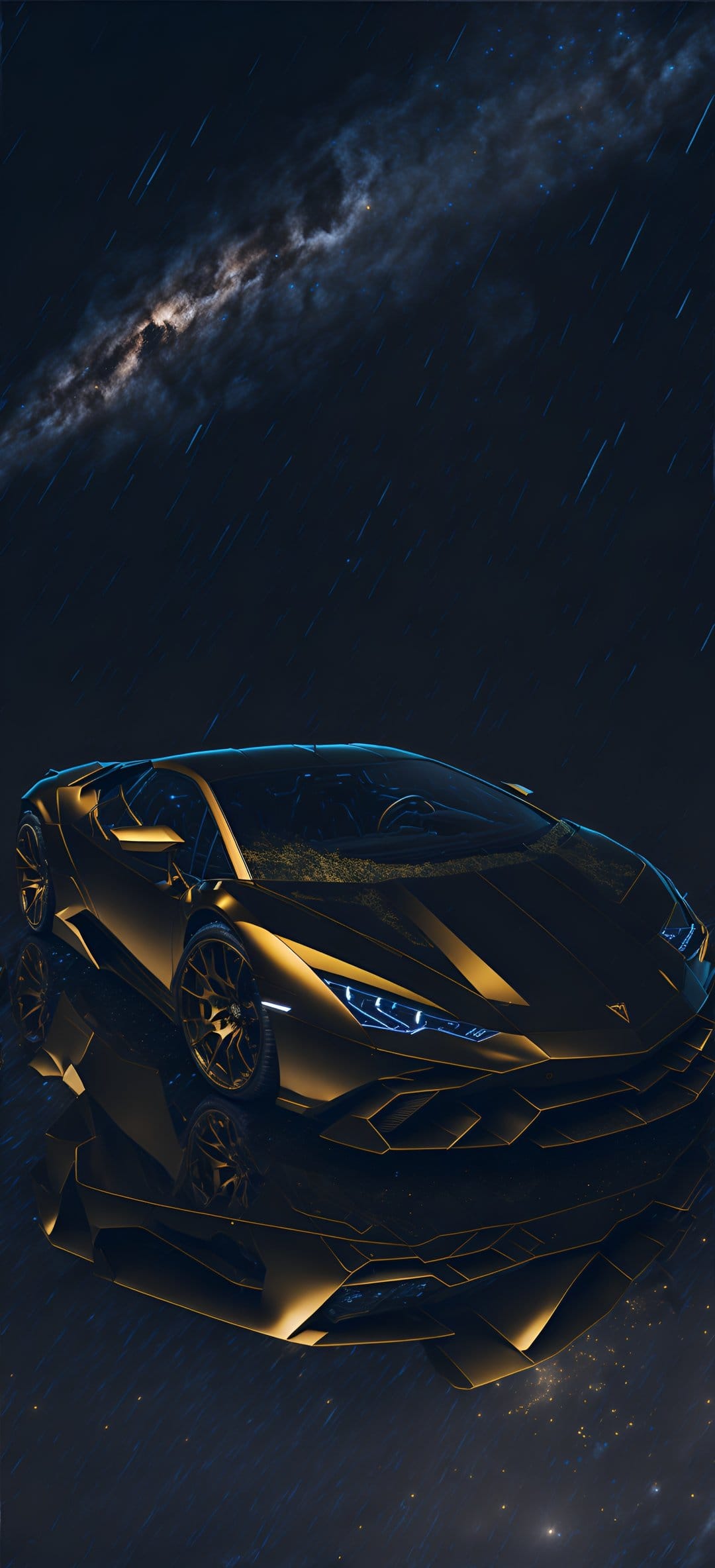 Gold Lamborghini supercar with blue headlights parked under a purple nebula and starry night sky.