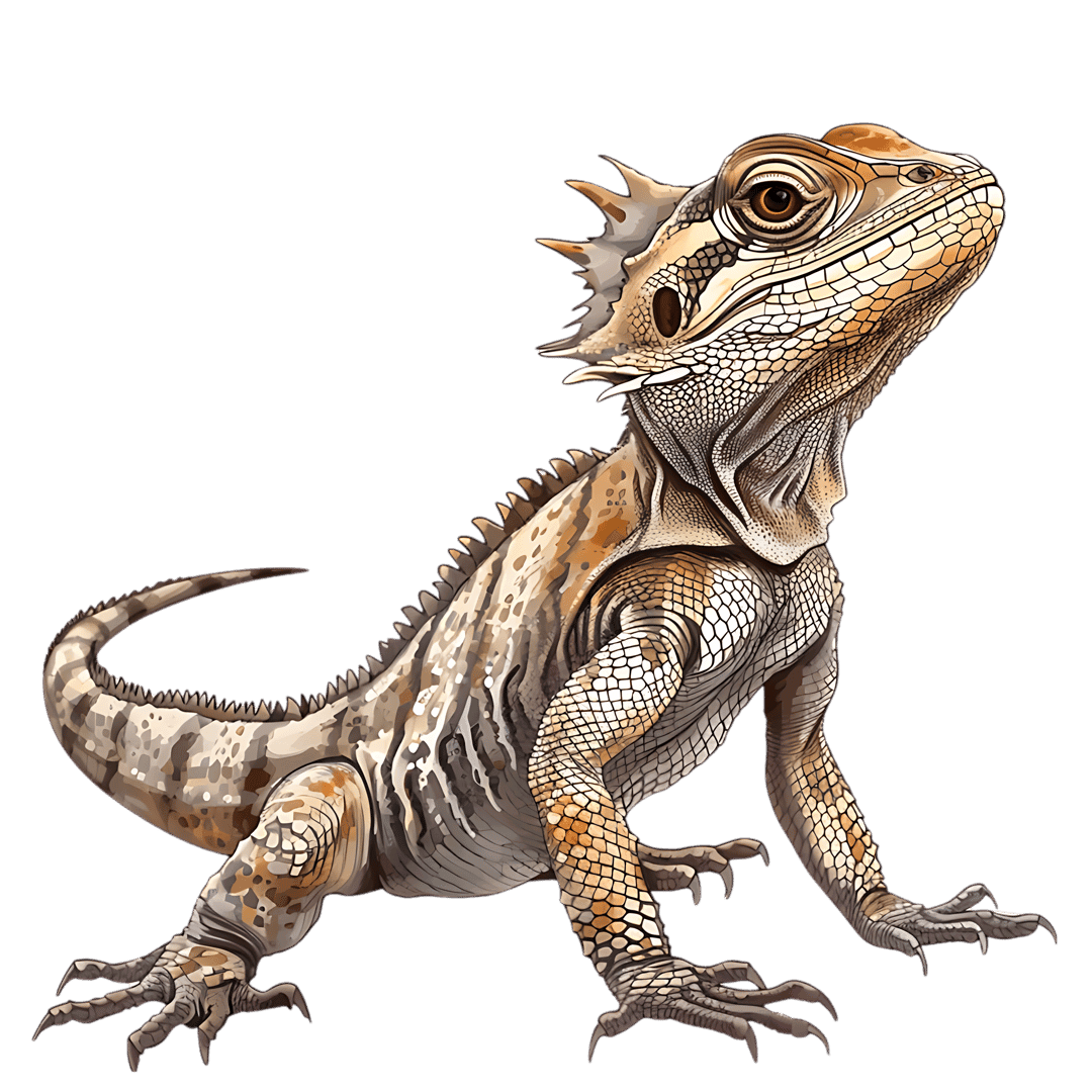 Bearded dragon lizard showcasing detailed brown scales and sharp claws against a solid black background.