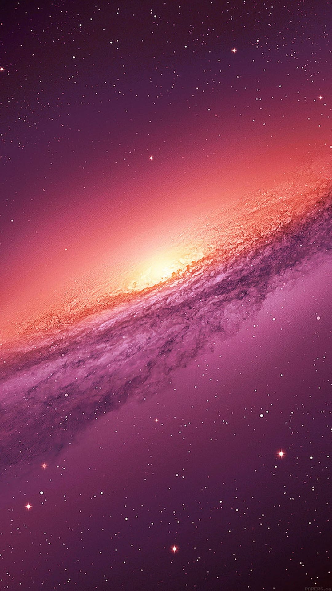 Glowing pink and orange star clouds intertwine within a dark purple expanse filled with shimmering stellar points.