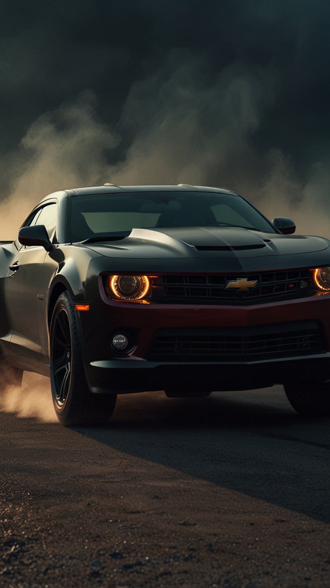 Black Chevrolet Camaro drifting with glowing headlights amid thick clouds of grey smoke and swirling desert dust.