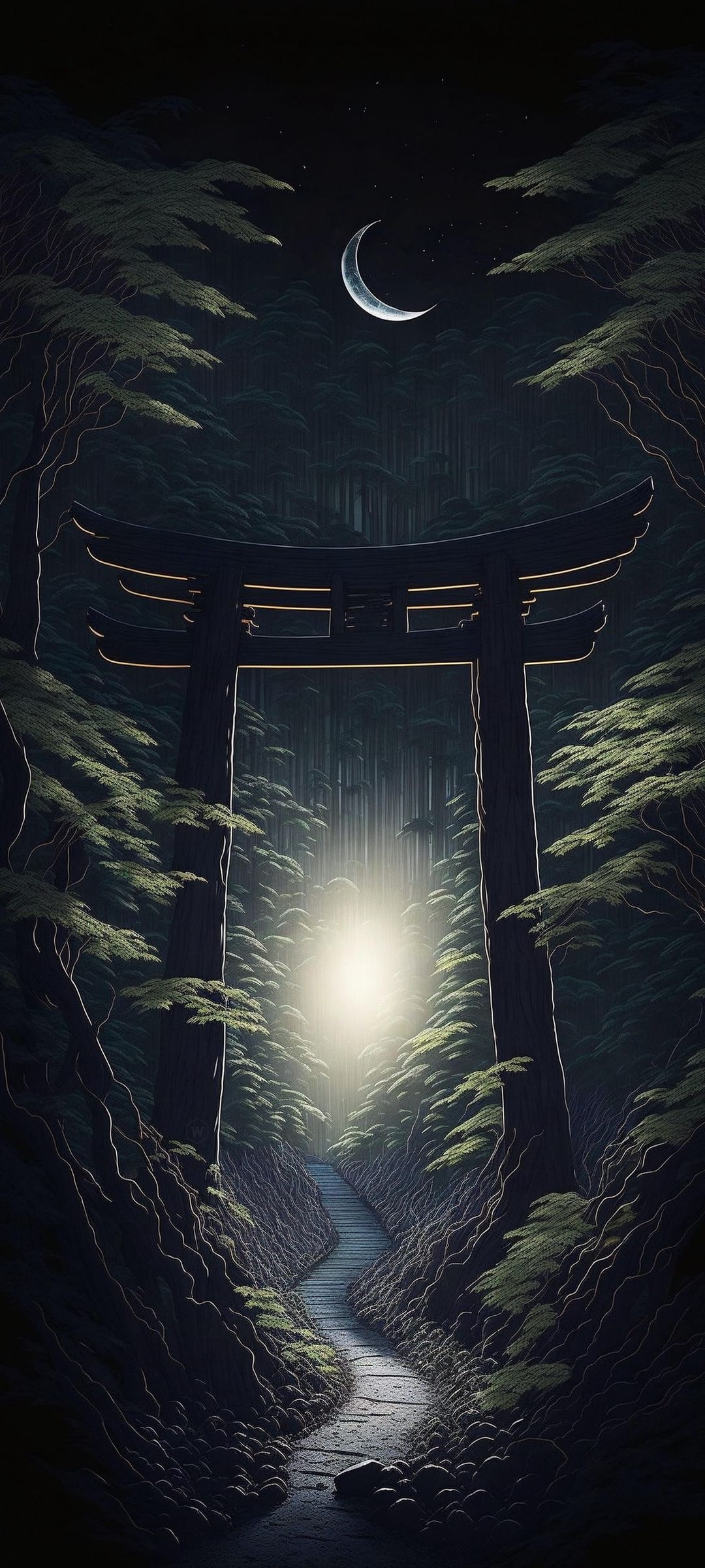 Weathered stone path leading to a grand Shinto Torii gate under a glowing crescent moon in a dark forest.