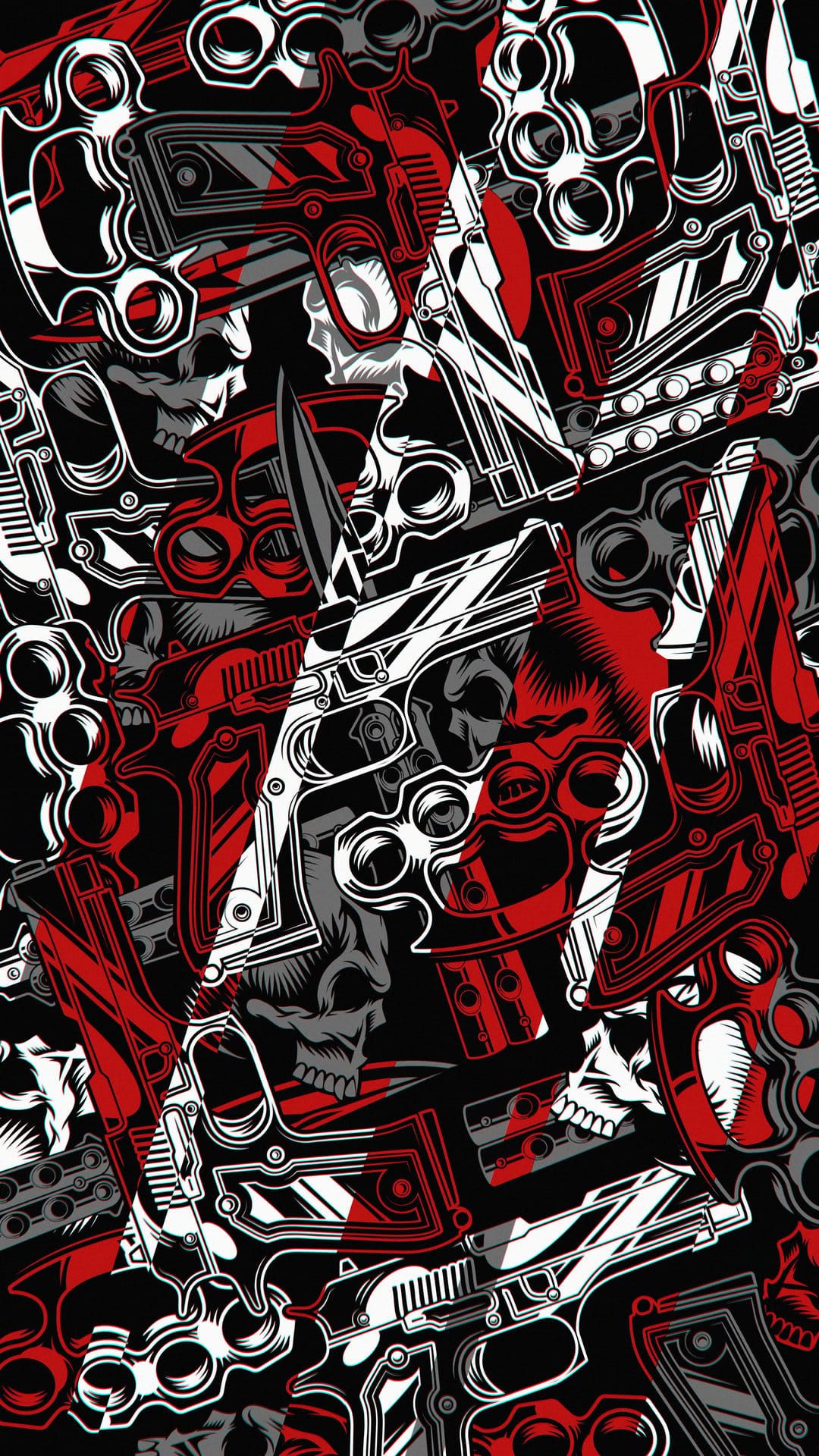 Skulls, handguns, and brass knuckles arranged in a red and black repeating pattern for a mobile screen backdrop.