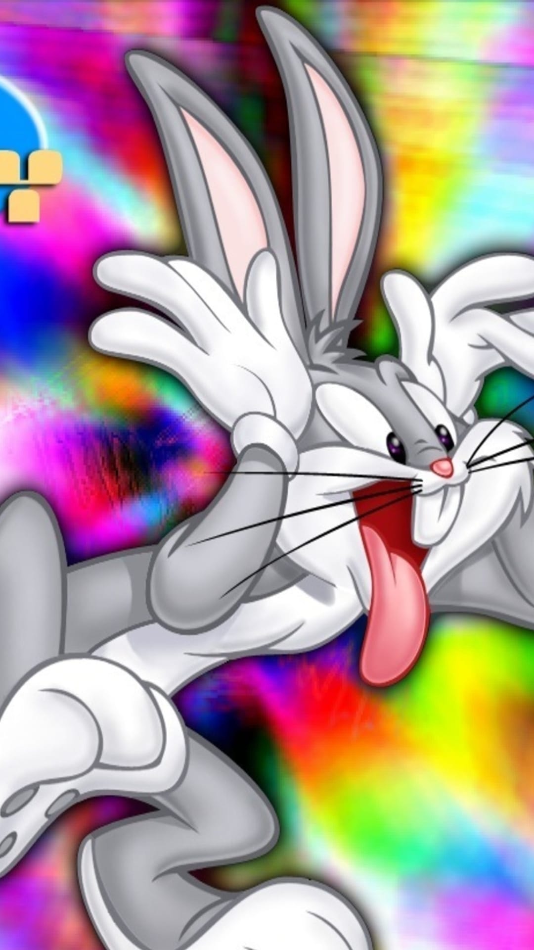 Bugs Bunny with his tongue out and hands raised against a swirling, multicolored psychedelic abstract background.