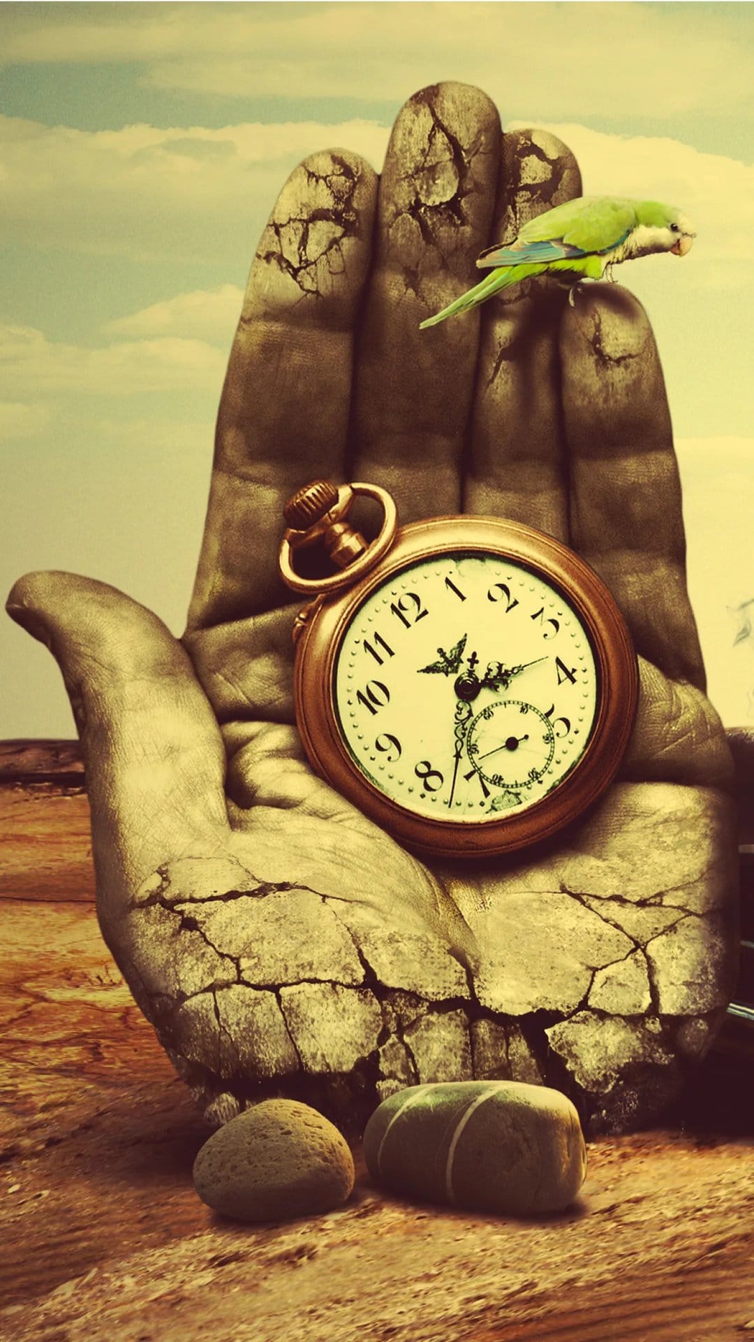 Cracked stone hand holds a gold pocket watch while a green bird perches on a finger against a cloudy sky.