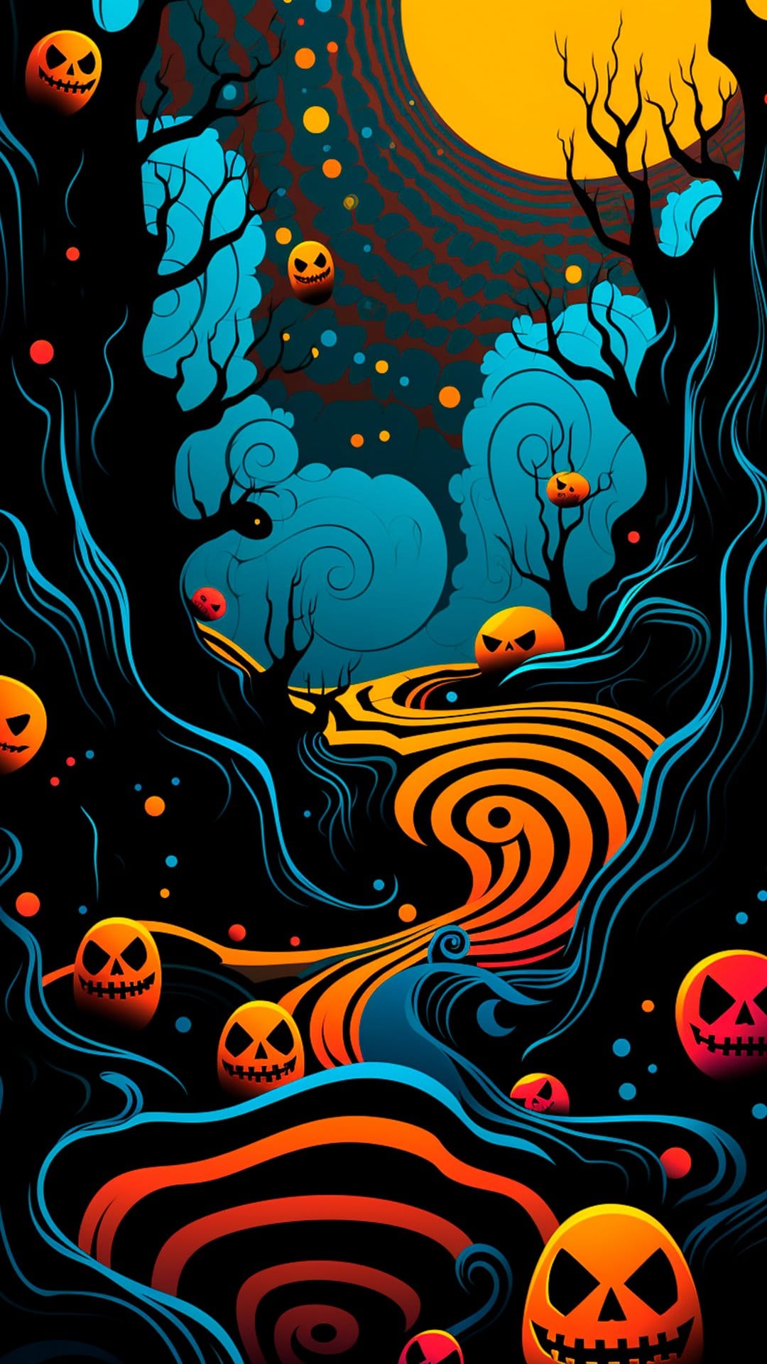 Carved jack-o'-lanterns glow at the base of twisted trees beneath a bright moon in a dark, swirling autumn forest.