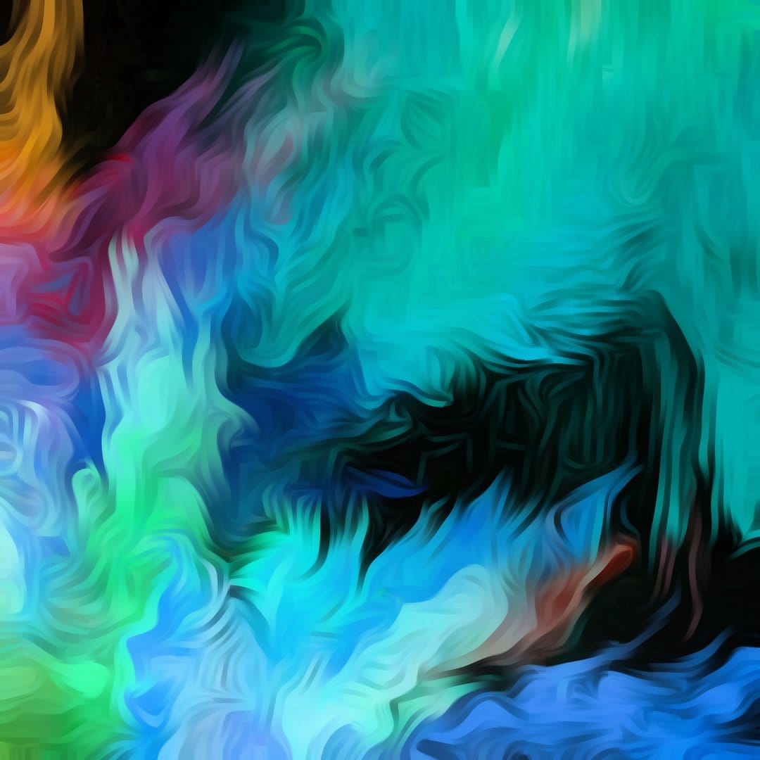 Interlocking swirls of blue, green, and purple watercolor paint create a fluid, textured abstract pattern.