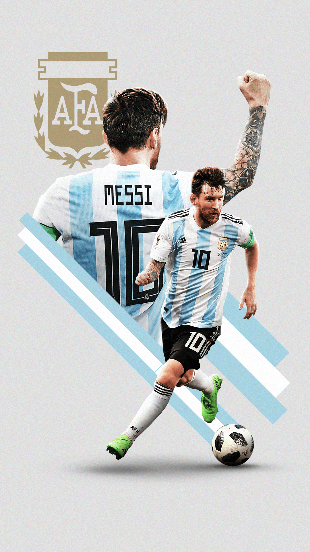 Lionel Messi wearing an Argentina jersey dribbles a ball beside a silhouette of him celebrating with a raised fist.