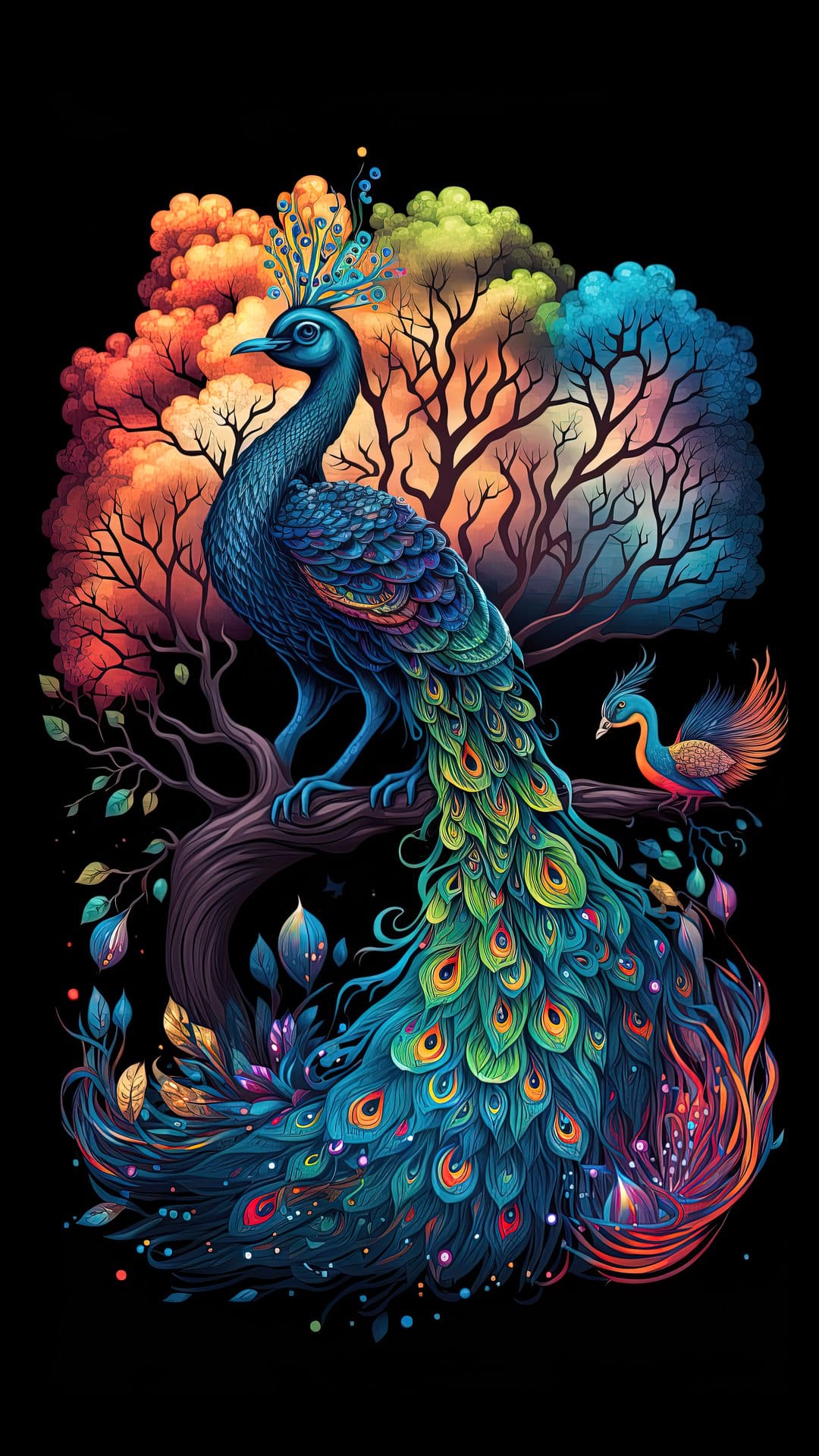 Blue peacock with iridescent tail feathers perches on a branch among swirling red and orange psychedelic trees.