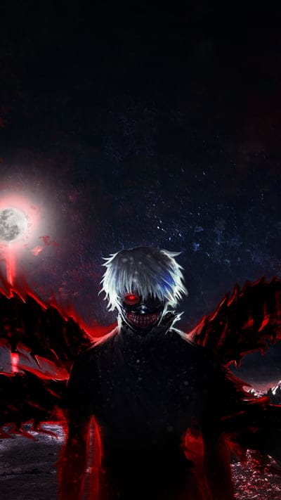 Ken Kaneki, Tokyo Ghoul, ghoul, anime, kagune, red eyes, mask, dark, creepy, moon, fan art, monster, tortured, protagonist, horror, mysterious, powerful, Eto, Tokyo, Rize, Ayato, Haise Sasaki, One-Eyed King