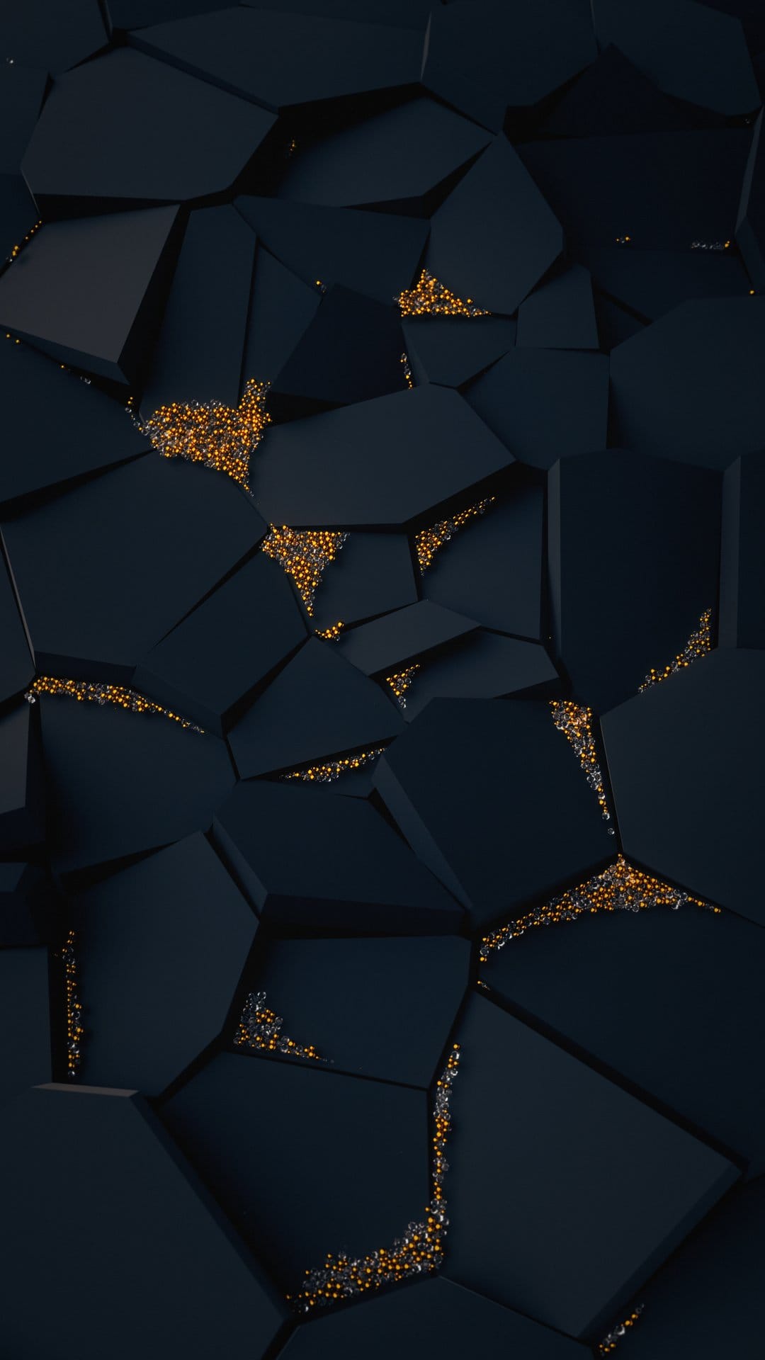 Fractured dark geometric planes containing luminous golden glitter and sparkling amber-toned particles.