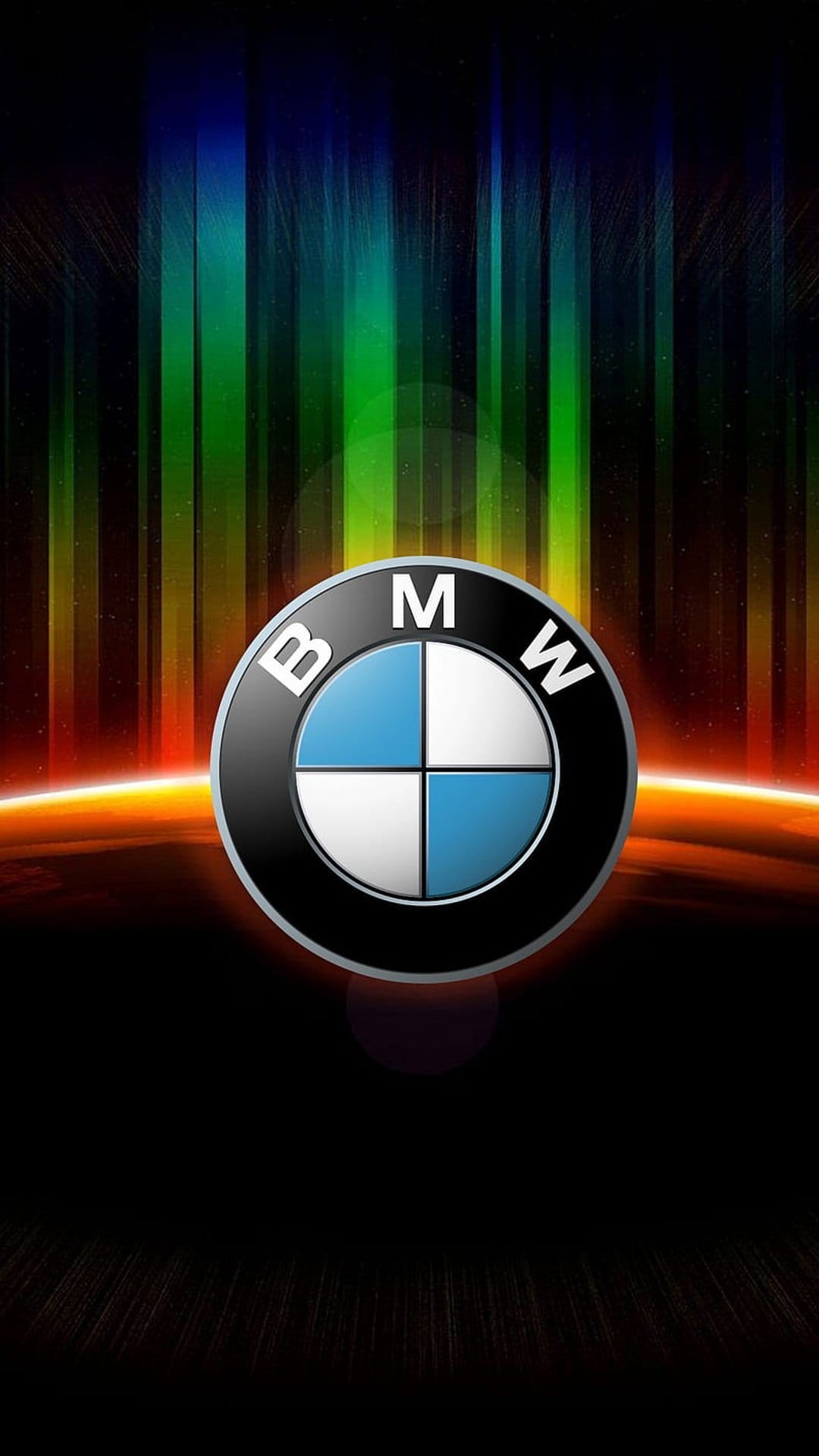 BMW emblem centered over vertical light rays in rainbow colors atop a glowing orange horizon line.