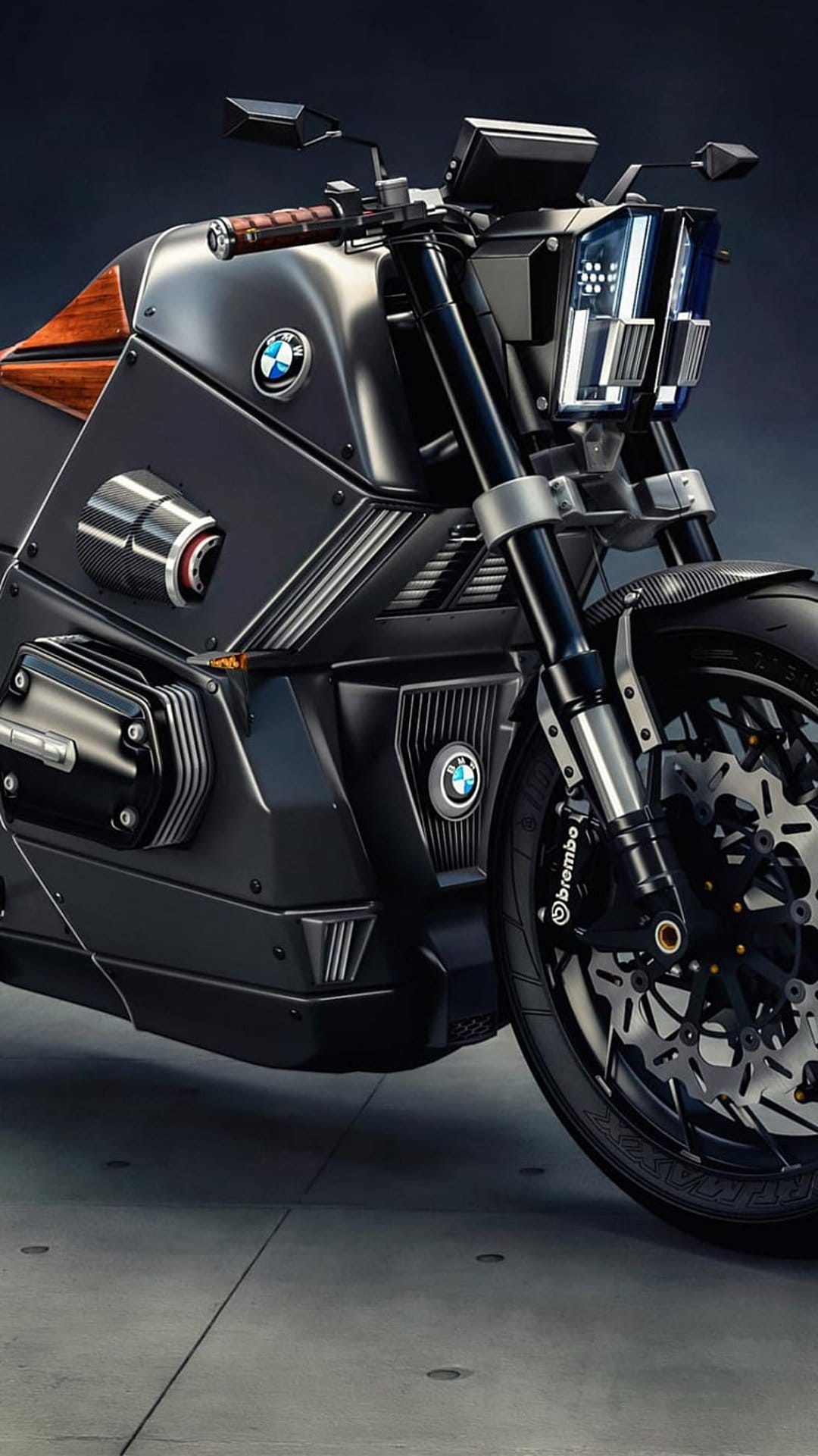 BMW concept motorcycle featuring integrated LED lighting, wooden tank accents, and high-performance Brembo brakes.
