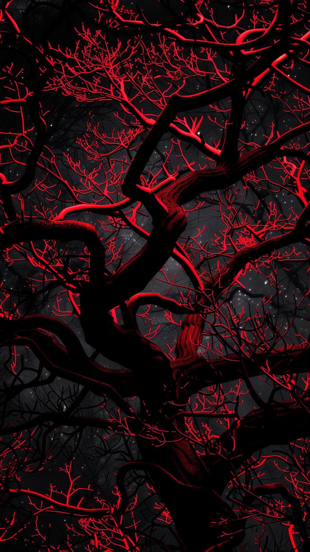 Red glowing tree limbs reach toward a dense field of white stars and cosmic clouds in a dark night sky.