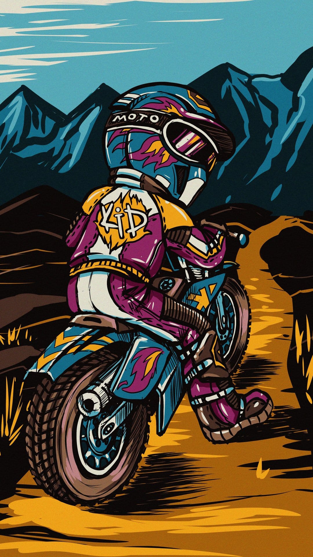 Motocross rider wearing a purple outfit with yellow accents maneuvers a dirt bike through a scenic mountain range.