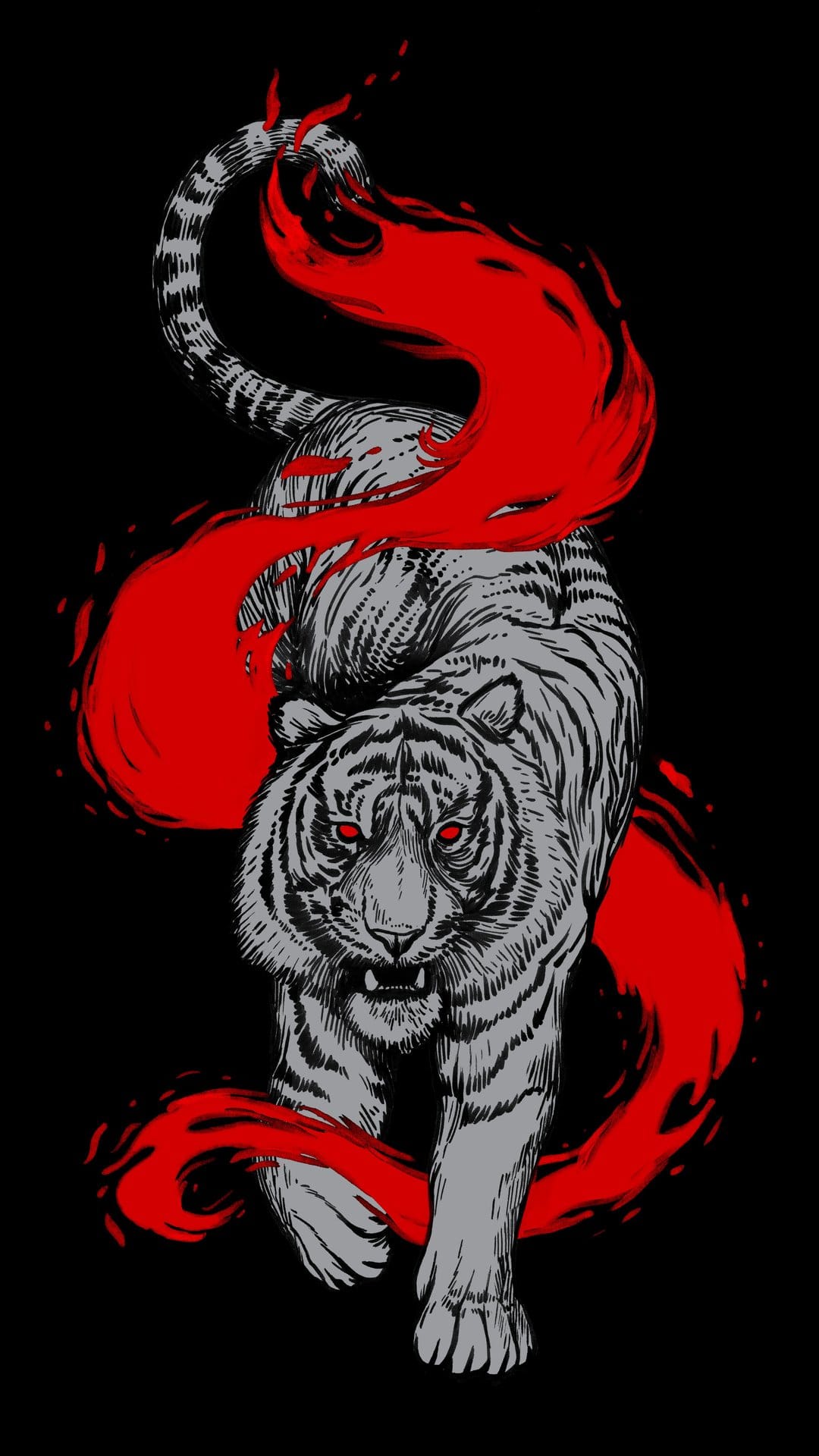 White tiger with glowing red eyes walks forward through swirling crimson energy flames against a black background.