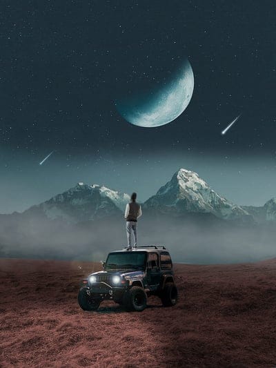 Look to the moon, amazing, car, cool, fi, lights, montains, night, starry, stars, mobile wallpaper, android wallpaper, iPhone wallpaper, phone wallpaper