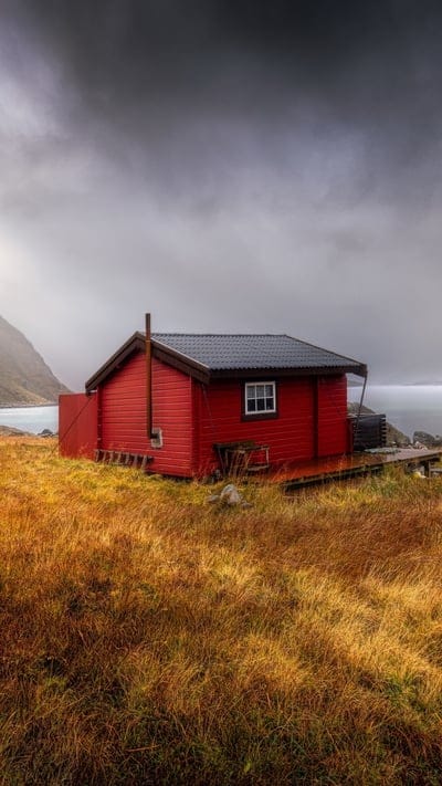 Red cabin, Norway, rorbu, coastline, moody, stormy sky, isolated, rugged, nature, landscape, peaceful, rustic, desolate, Scandinavia, building, travel, serene, remote, weather, traditional