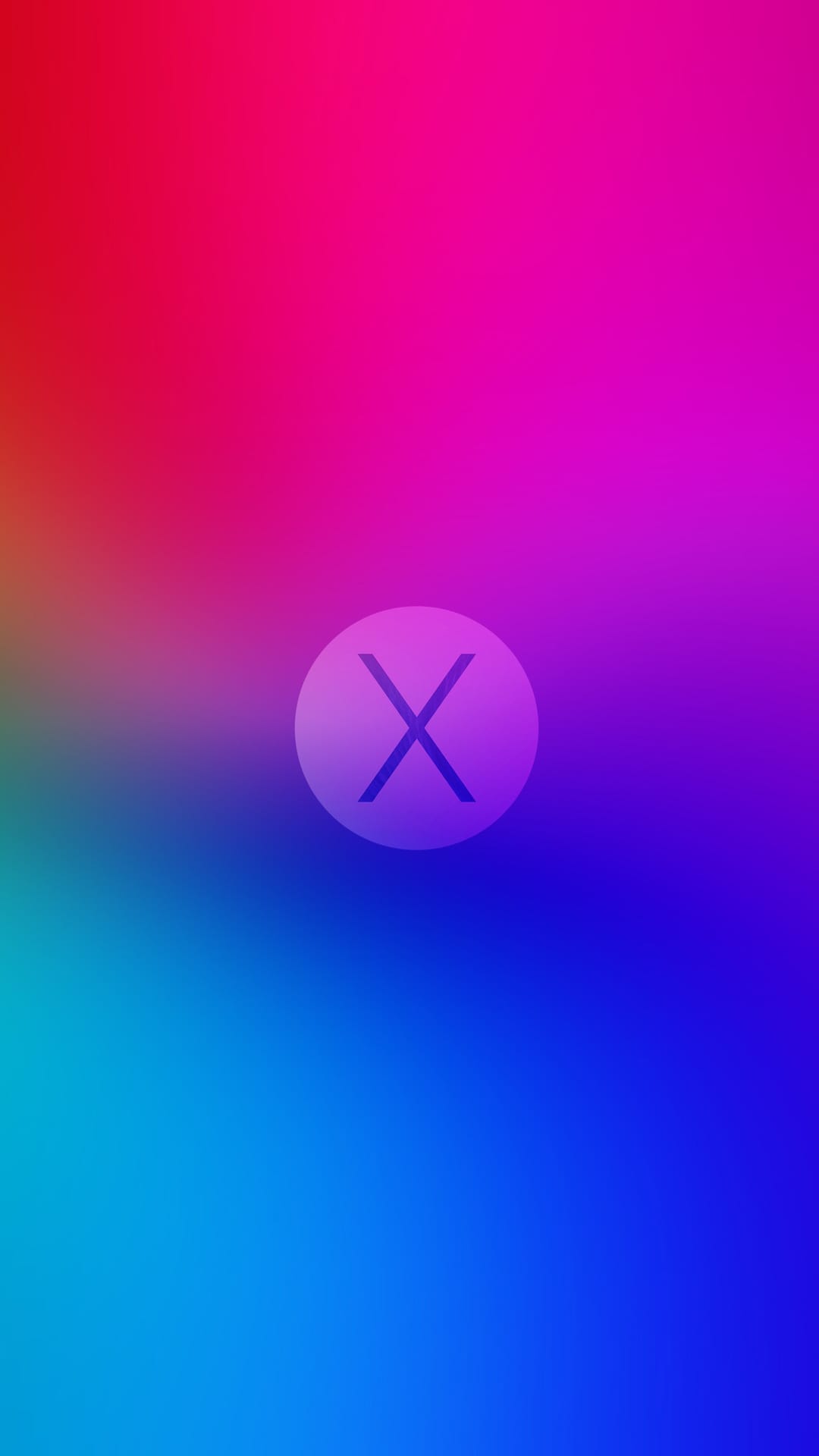 Dark purple X symbol inside a translucent circle against a blurred neon pink and blue gradient background.