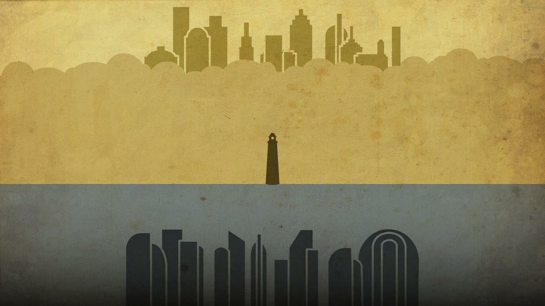 A split horizontal scene with a yellow sky city and blue underwater city silhouettes separated by a lighthouse.