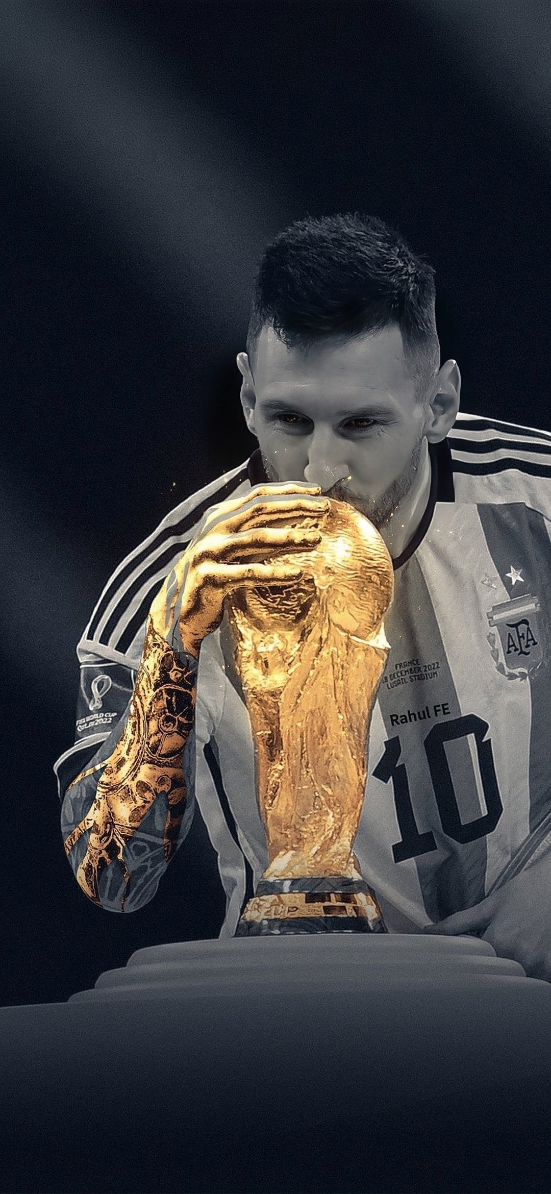 Lionel Messi kisses the golden FIFA World Cup trophy while wearing an Argentina national team jersey and medals.