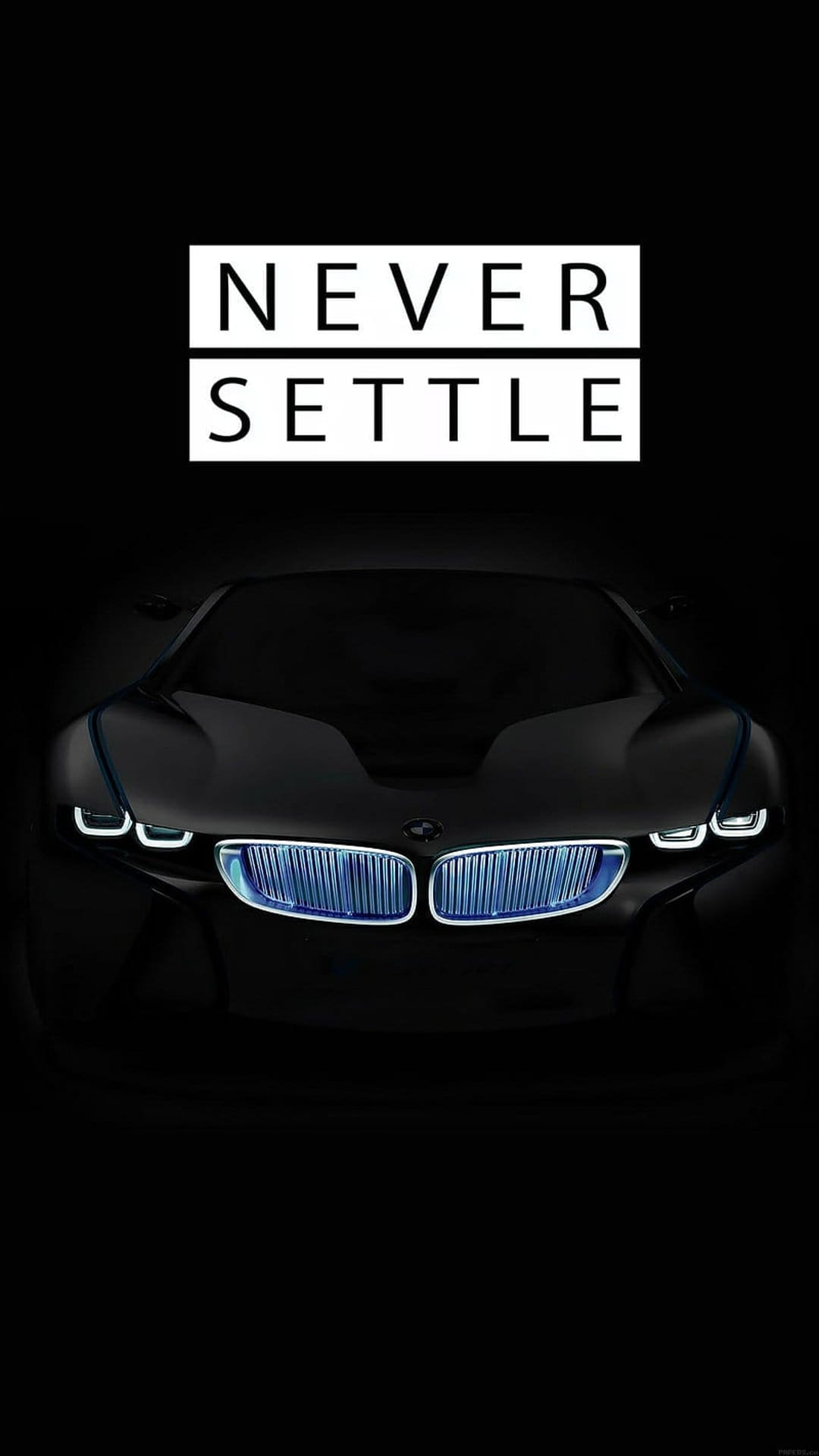 Black BMW concept car with glowing blue grille and headlights featuring the white text NEVER SETTLE.