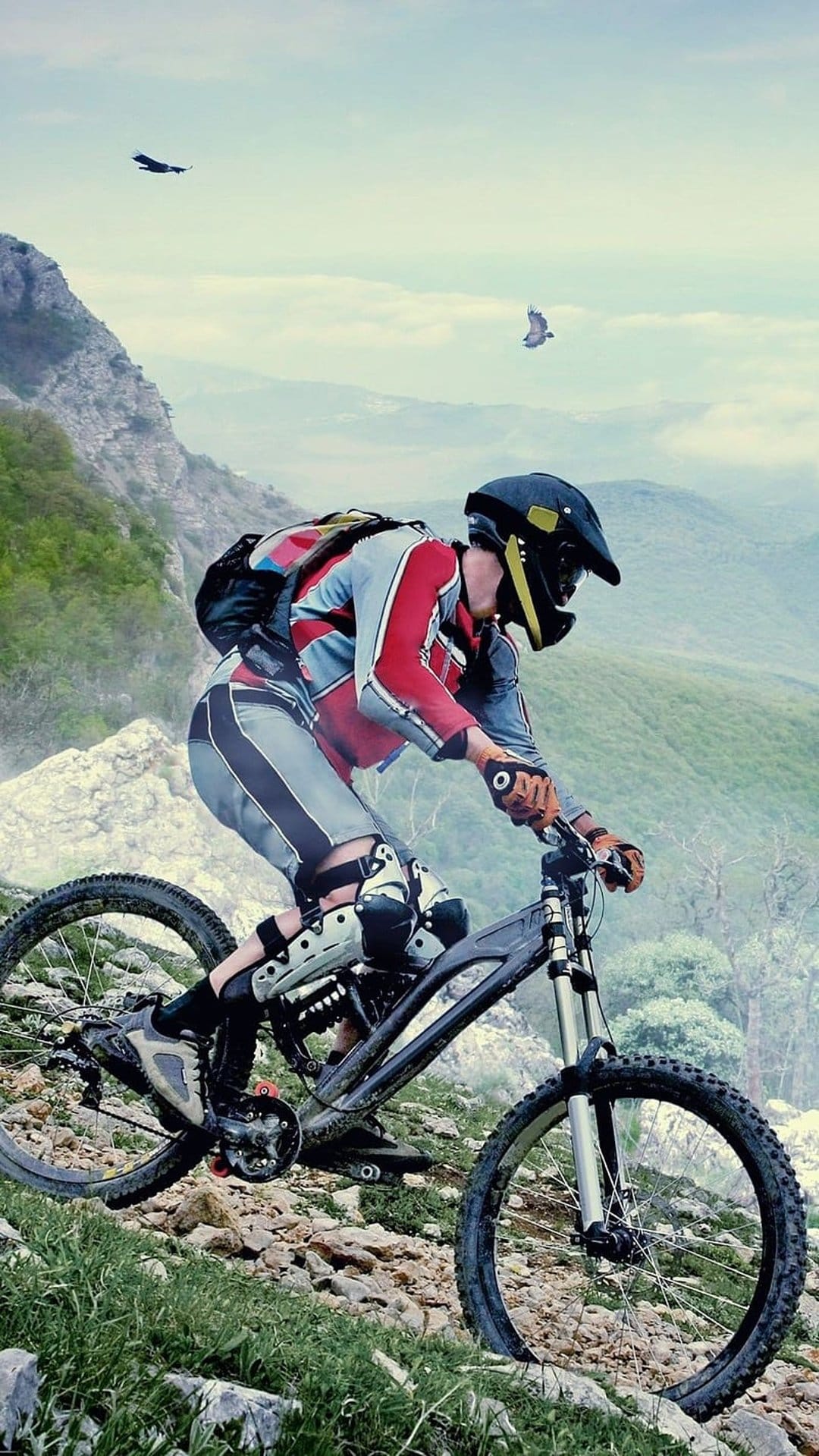 Mountain biker in a helmet riding a downhill bike on a rocky mountain slope with a bird flying in the sky.