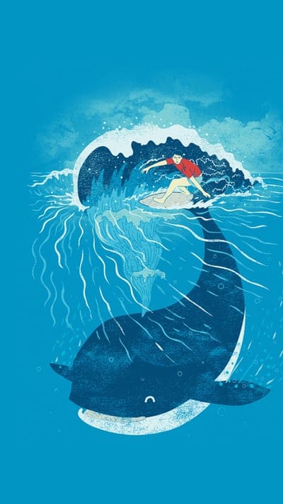 cartoon whale, surfer, minimal, blue backgrounds, creative, blue whale, artwork, whale minimalsim, whales