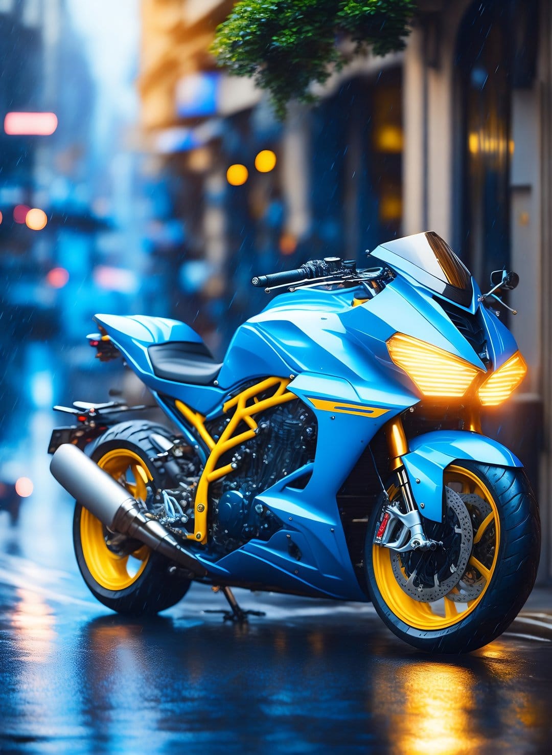 Blue sportbike with yellow trim sits on wet pavement during rain with glowing headlights and blurred city lights.