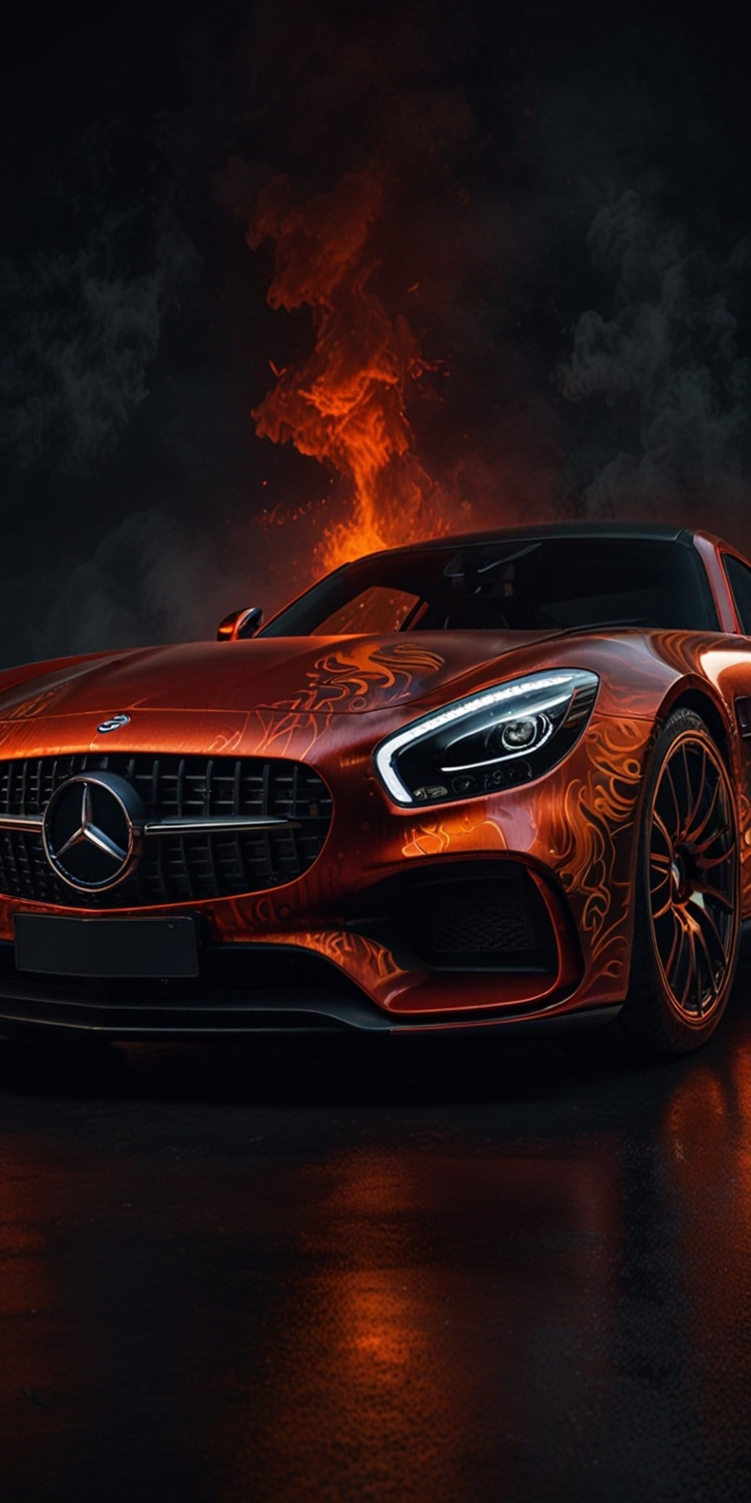 Mercedes AMG GT with orange tribal flames on a wet road amidst thick smoke and erupting fire in the dark.