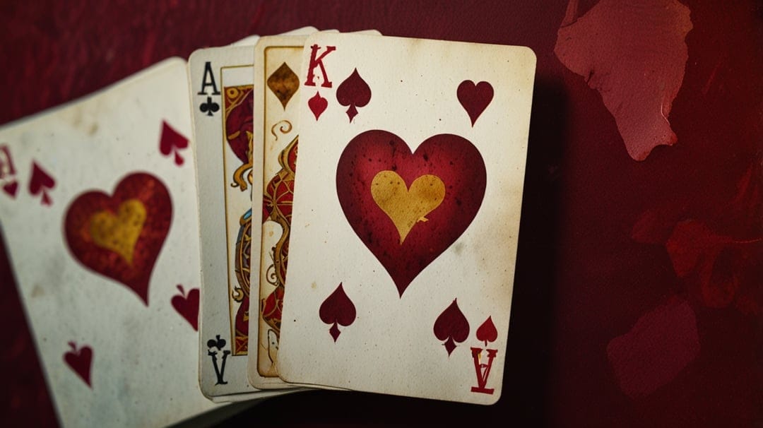 Ace, King, and Queen of hearts playing cards with aged textures sit atop a dark red, textured background.